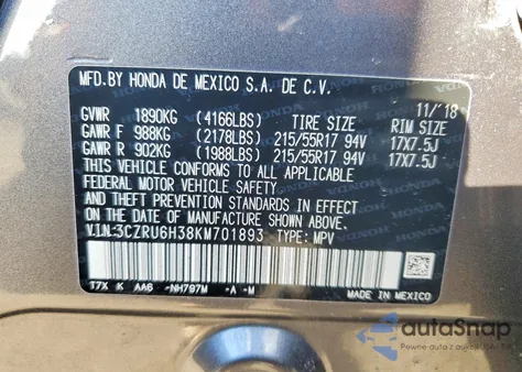2019 Honda Hr-V Lx from USA, damaged, VIN 3CZRU6H38KM701893